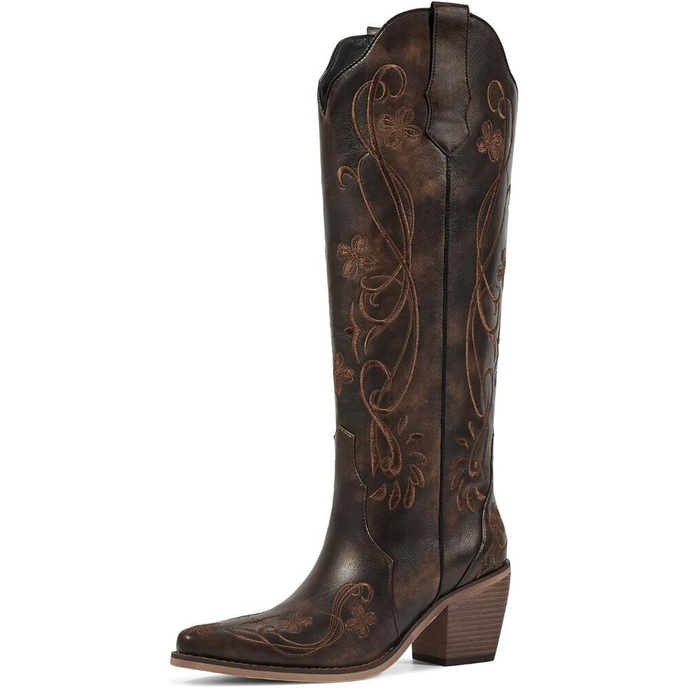 Women Brown Floral Knee High Cowgirl Boots, Western Boots with Embroidered